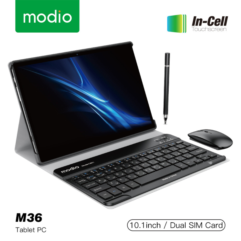 Modio M36 Tablet Android 12 10.1-Inch In-cell Display, 12GB RAM + 512GB Dual Sim + Wireless Keyboard + Mouse + Flip Case